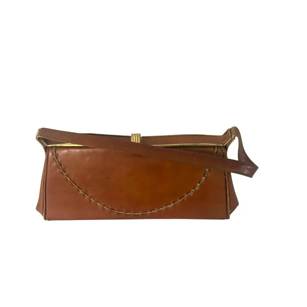 Vintage 1950s Brown Leather Frame Clutch Shoulder Bag Whipstitch